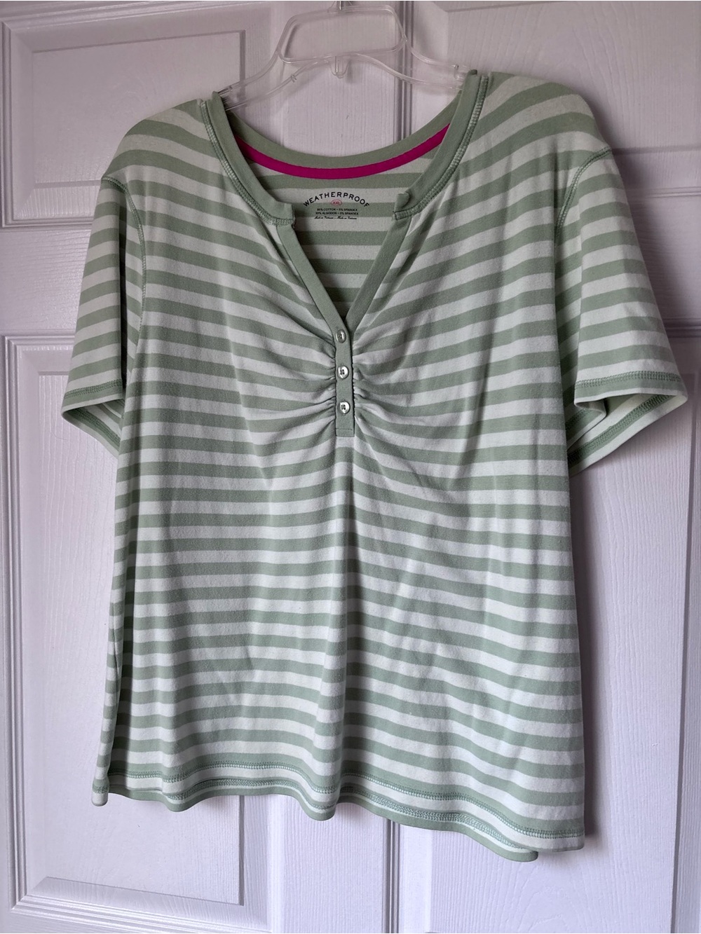 Weatherproof Light Green & White Striped Short-Sleeve Henley Top XXL